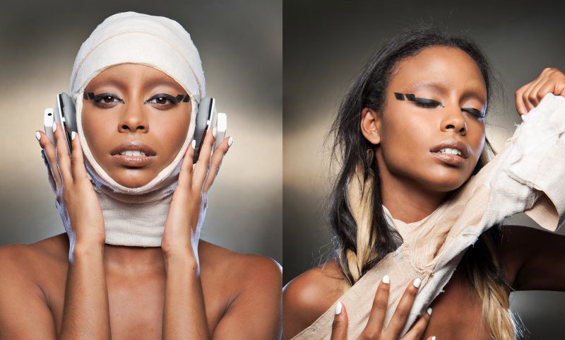 Conceptual-Beauty-Woman-bandages-headphones