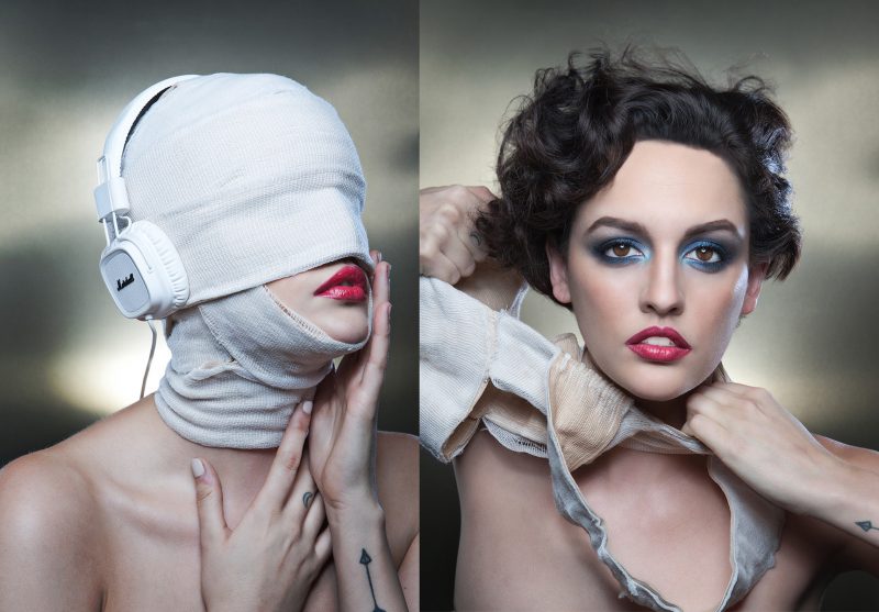 Conceptual-Beauty-Woman-bandages-headphones