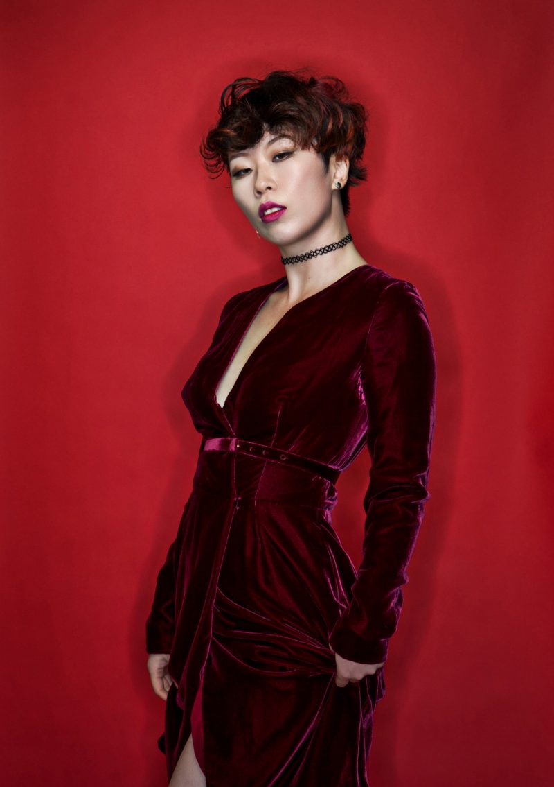 Sun-kim-dancer-choreograper-Crushed-red-velvet-dress-backdrop